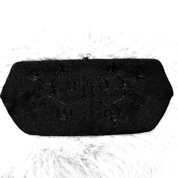 Handbags - Vintage Black Beaded Clutch with Rhinestone Closure Formal Evening Purse Bag